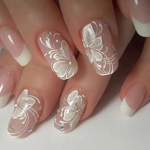 Franse Stijl Witte Bloem Press On Nagels Vierkante Vorm Strass Glitter Elegante Manicure Tips Voor Vrouwen