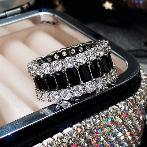 Luxury Wide Band Ring Three Row Pavé Black Rectangular And White Round AAA Zircon Copper Jewelry For Women