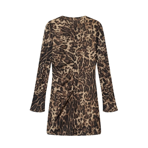 Minikleid Leopard Ruched Bodycon Rundhals Langarm Sexy Slim Fit Mode Kleidung Für Damen