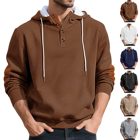 Heren Hoodie Jacquard Getextureerd Lange Mouwen Pullover Knoop Henley Hals Elleboog Patches Casual Sportief Mode Top