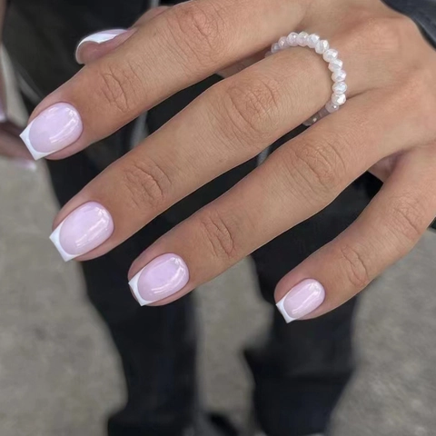 Kurze Ballerina Französische Press On Nails Rosa Weißer Verlauf T-Form Abnehmbare Eckige Künstliche Nägel Damen Maniküre