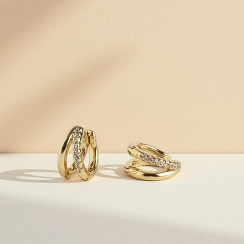 Gold Double Layer Hoop Earrings Copper Brass Gold Plated Pave Zircon Crossover Ear Cuff Elegant Jewelry For Women
