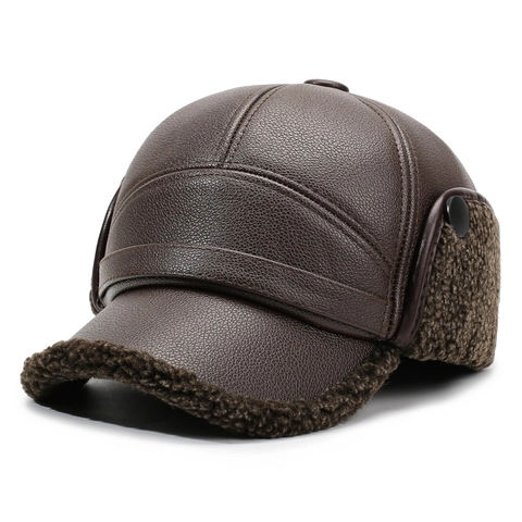 Winter Men Faux Leather Baseball Cap With Ear Flaps Warm Faux Lamb Wool Lining Windproof Thermal Outdoor Sporty Hat