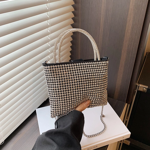 Borsa a Mano da Donna alla Moda con Strass Borsa a Tracolla da Sera Scintillante con Catena in Metallo per Festa Banchetto Matrimonio Argento