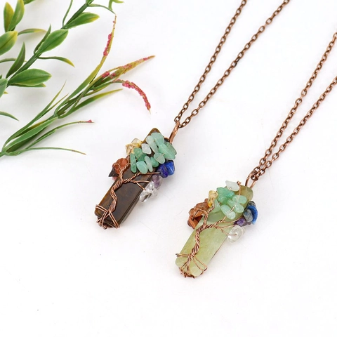 Tree Of Life Pendant Necklace Natural Stone Irregular Crystal Bar Wire Wrapped Crushed Stones Bohemian Vintage Handmade For Women