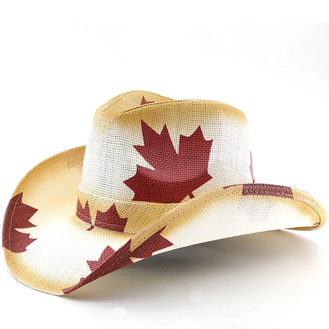 Western Cowboy Hat Woven Paper Wide Brim Sun Protection Breathable Printed Maple Leaf Star For Men Women Summer
