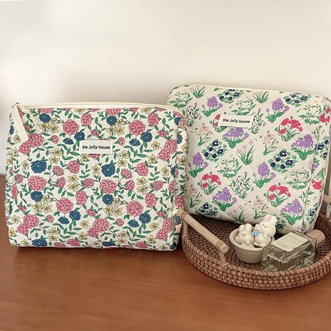 Vintage Floral Quilted Makeup Bag Large Capacity Cotton Cosmetic Toiletry Storage Pouch Travel Organizer For Women