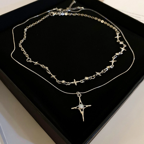 Collana A Doppio Strato Lega Strass Ciondolo Stella Catena A Serpente Gioielli Eleganti Da Donna
