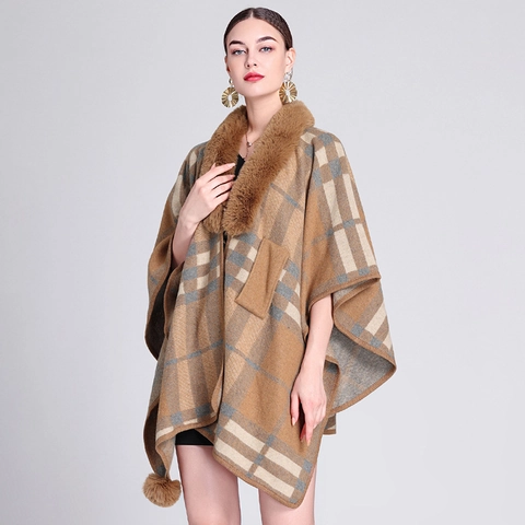 Poncho Tipo Capa a Cuadros para Mujer Con Cuello de Piel Sintética Chal de Invierno Cálido Elegante Decoración Pompones
