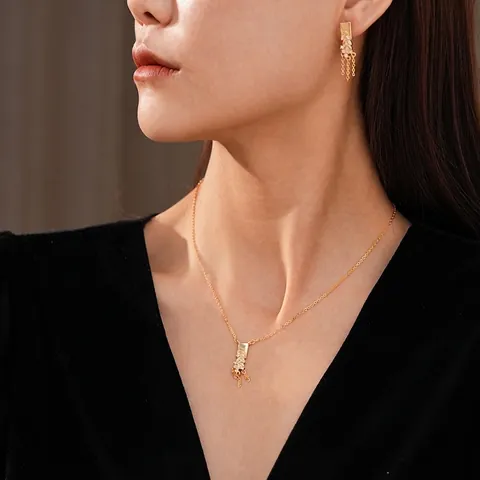 Vintage Wheat Ear Tassel Necklace Dangle Earrings Zircon Gold Plated Copper Jewelry With Silver Earring Post Women