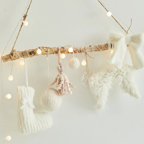 Christmas Wall Hanging Decoration Wooden Branch LED Light String Knitted Ornaments Plush Tassels Nordic Home Aesthetic