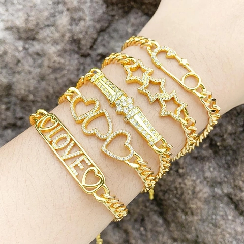 Trendy Gold Copper Bracelet For Women Inlaid Zirconia Star Heart LOVE Letter Safety Pin Charm Adjustable Link Chain Jewelry Gift