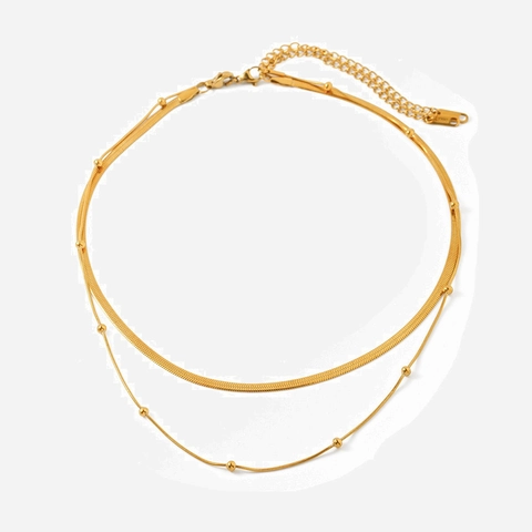 Double Layer Necklace Stainless Steel 18K Gold Plated Snake Chain And Bead Chain Minimalist Fashion For Women