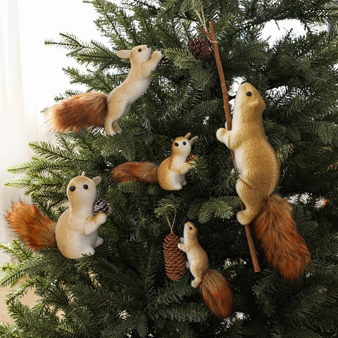 Christmas Squirrel Hanging Ornament Foam Flocked Realistic Faux Fur Tail With Pinecone Tree Decoration Desktop Figurine