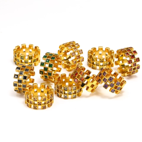 Hollow Mesh Grid Band Ring Gold Plated Titanium Steel Colorful Square Zircon Inlaid Retro French Style Jewelry For Women