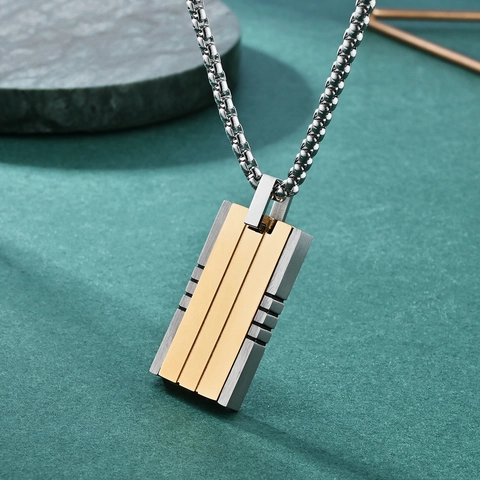 Collana Con Pendente Quadrato Da Uomo Acciaio Inossidabile Geometrico Rettangolare Bicolore Stile Industriale