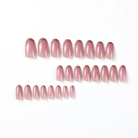 Pink Gradient French Press On Nails With Glitter Almond Shape False Nails For Women And Glue Medium Length