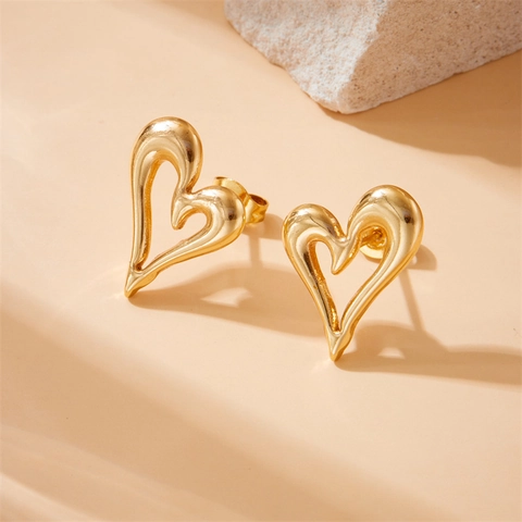 Asymmetric Heart Stud Earrings Stainless Steel Hollow Out Minimalist Elegant Gold Color Jewelry For Women