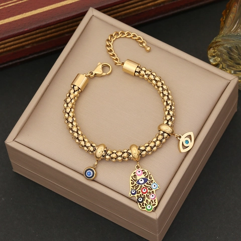 Hamsa Hand Evil Eye Halskette Armband Und Ohrringe Edelstahl Gold Vergoldet Emaille Charm Schmuck Für Damen