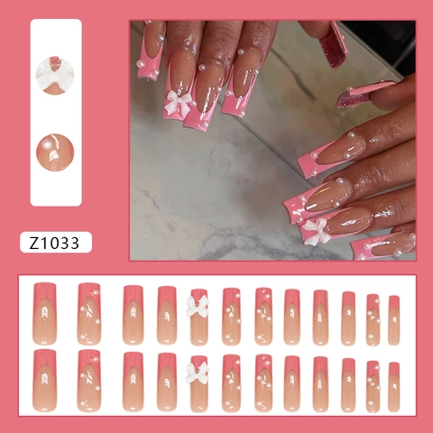 Press On Nails Long Coffin Pink French Tip With Bow And Artificial Pearl Decorative ABS Plastic Sweet Style For Women