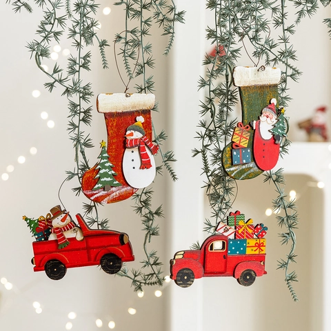 Christmas Wooden Hanging Ornaments Painted Stocking Truck Santa Snowman Xmas Tree Decorations Party Supplies Novelty
