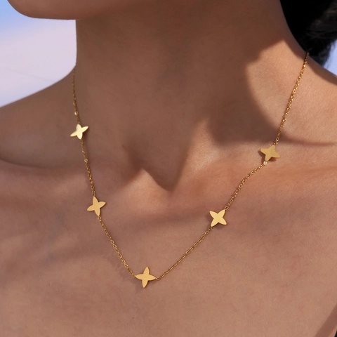 Collar De Capas De Acero Inoxidable Para Mujer Colgante Estrella Flor Circón Cadena Elegante Joyería Francesa