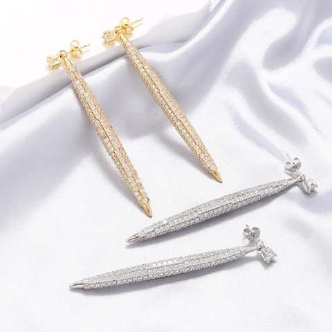 Orecchini a Bottone Lunghi Conici in Rame Placcato Oro 18K Per Donna Intarsiati in Zirconia Completa Gioielli Moda Hip Hop