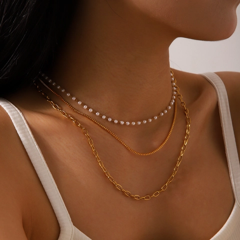 Collar De Capas Bañado En Oro 18K Acero Inoxidable Perla Artificial Joyería Elegante Para Mujer Tendencia