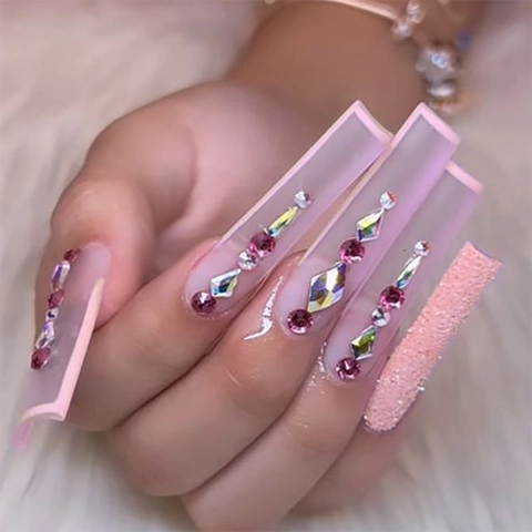 Faux Ongles Press On Nails Rose Mat Forme Cercueil Long Avec Strass Paillettes Style Français Ongles Artificiels Pour Femmes