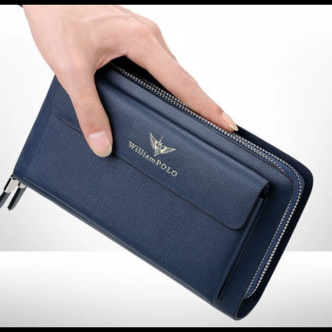 Men Business Clutch Bag Genuine Leather Long Zipper Wallet Saffiano Texture Handbag With Wrist Strap