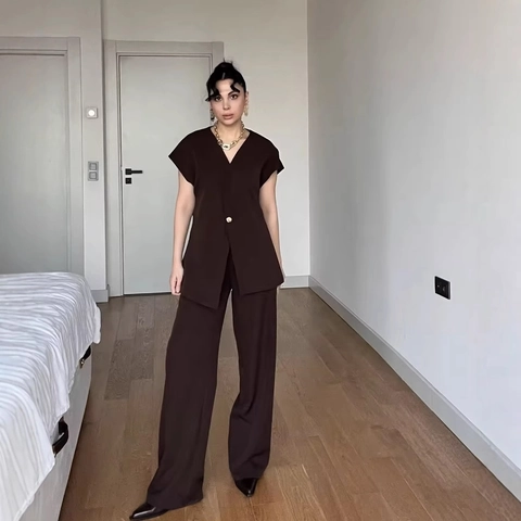Completo Da Donna Senza Maniche Gilet Con Scollo A V E Bottone Singolo E Pantaloni A Gamba Larga Abbigliamento Professionale