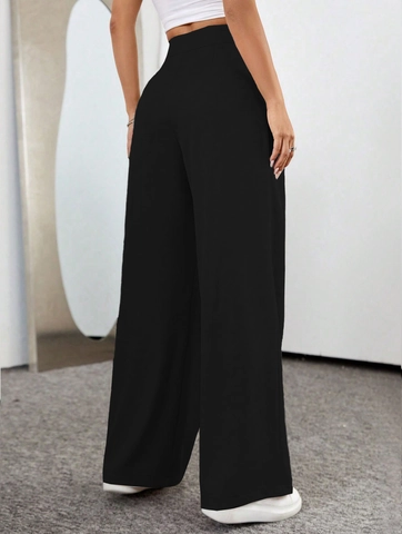 Women High Waist Wide Leg Pants Polyester Spandex Pleated Front Commuter Office Casual Trousers Black Elegant