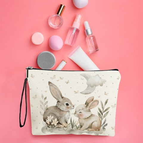 Easter Bunny Makeup Bag Linen Texture Cosmetic Pouch Travel Toiletry Organizer Zipper Portable Bag