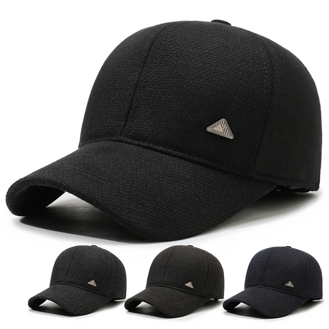Gorra Béisbol Invierno Hombre Mezcla Lana Protección Oídos Cálida Cortavientos Exterior Casual Ajustable Logo Triángulo Metal
