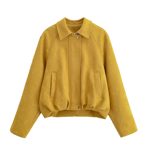 Damenjacke Aus Wildlederimitat Ingwergelb Reißverschluss Kurzmantel Langarm Revers Lässig Mode Tasche Weich Polyester