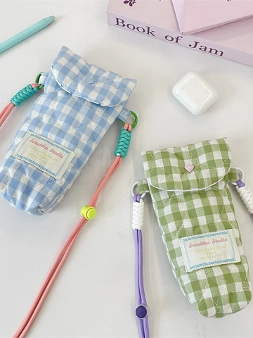 Quilted Cotton Heart Pattern Crossbody Phone Bag Plaid Check Camera Pouch With Adjustable Woven Strap Casual Small Purse