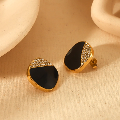 Geometric Square Stud Earrings Stainless Steel 18K Gold Plated Black Enamel Rhinestone Inlaid Women Niche High End Jewelry