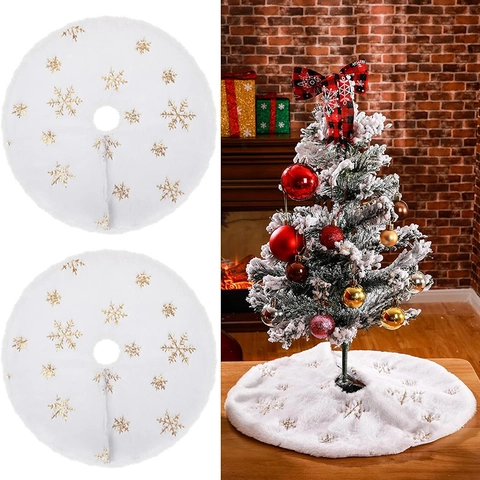 White Plush Christmas Tree Skirt Gold Silver Snowflake Star Sequin Faux Fur Xmas Holiday Home Base Decoration
