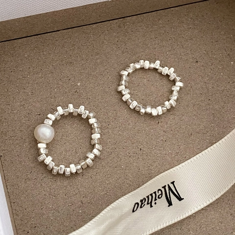 Natural Freshwater Pearl Irregular Silver Nugget Beads Elastic Ring For Women Minimalist Adjustable Beaded Jewelry