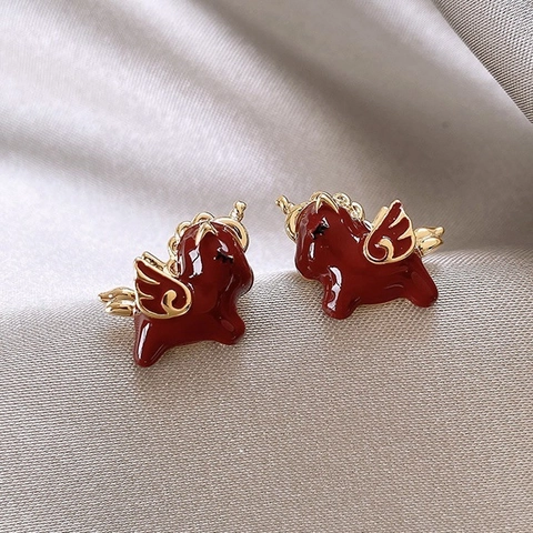Orecchini A Lobo Pegasus Con Perno In Argento Smalto Rosso Lega Vintage Cavallo Alato Gioielli Per Donna