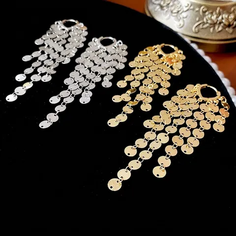Long Sequin Tassel Earrings With Steel Earring Post Copper Round Metal Plate Statement Chic Jewelry For Women