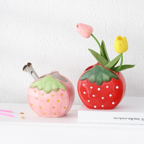 Cute Strawberry Ceramic Pen Holder Makeup Brush Storage Desktop Organizer Office Dorm Room Aesthetic Home Decor