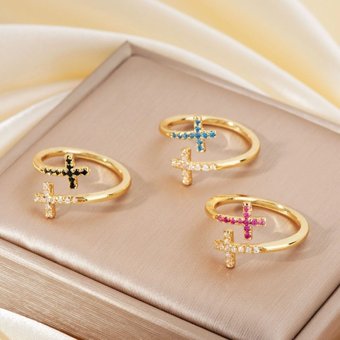 Verstelbare Dubbele Kruis Ring Koper Micro Pave Zirconia Mode-Sieraden Dames Elegant