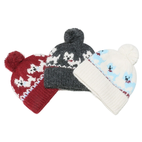 Berretto In Maglia Invernale Da Donna Simpatico Motivo Jacquard Con Cane Caldo Pom Pon In Acrilico Per Attività All'Aperto