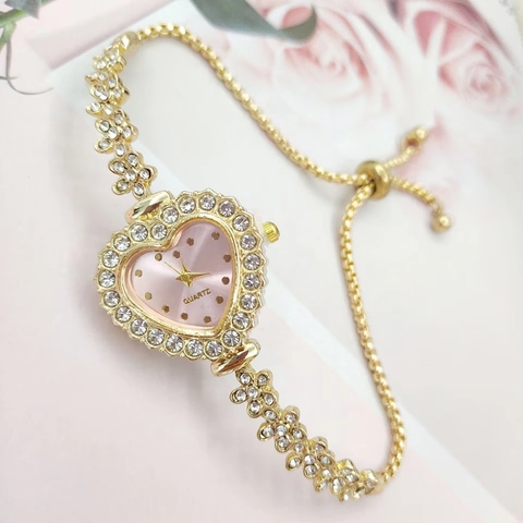Heart Shaped Dial Women Quartz Watch Alloy Rhinestone Adjustable Flower Bracelet Wristwatch Fashion Luxury For Ladies