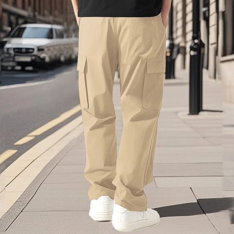 Pantalones Cargo Hombre Corte Recto Multi Bolsillos Cordón Cintura Elástica Secado Rápido Transpirable Moda Casual
