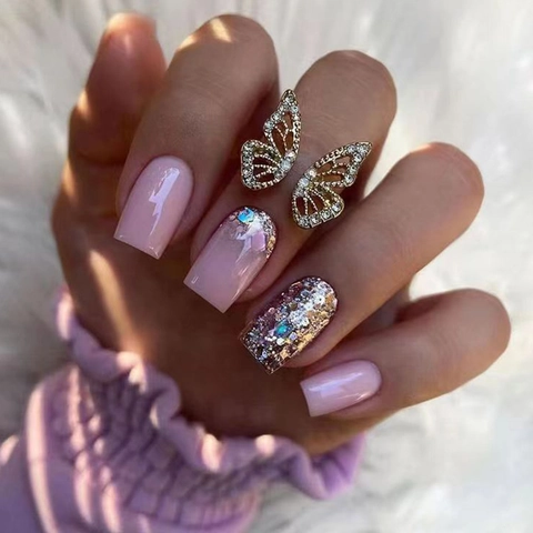 Press On Nails Pink Sweet Shimmer Golden Glitter Gradient Short Square Shape Fake Nails Tips For Women Girls Glamorous