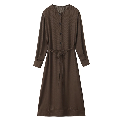 Polka Dot Maxi Dress Long Sleeve Round Neck Single Breasted Elegant Polyester Fashion Dress With Belt For Women