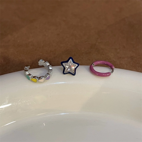 Niche Colorful Heart Enamel Ear Cuff Star Stud Earrings Copper Rhinestone Drip Oil Rainbow Heart Earrings Jewelry For Women