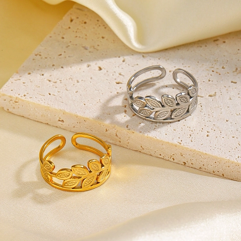 Anello Aperto Regolabile In Acciaio Inossidabile Foglia Di Ulivo Traforato Stile Vintage Boho Gioielli Da Donna